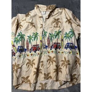 Rima Hawaiian Button Up Shirt XXL Aloha Surfing Palm Tree Bus‎ Tan Top Vintage